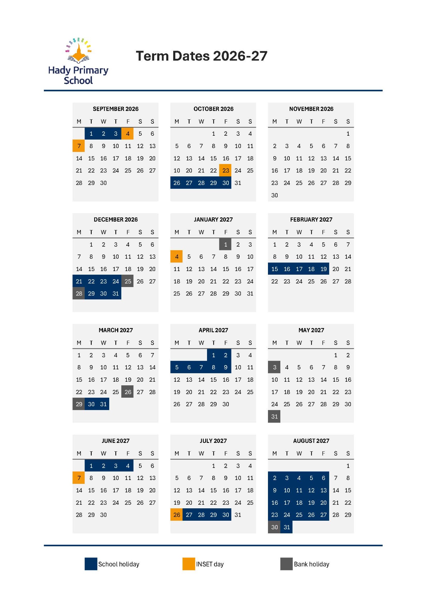 Term Date calendar for 2026-27 academic year